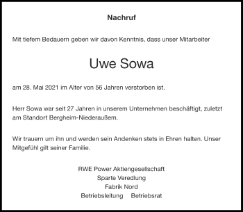Traueranzeige von Uwe Sowa von Aachener Zeitung / Aachener Nachrichten