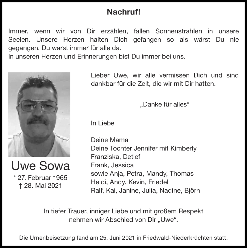  Traueranzeige für Uwe Sowa vom 27.06.2021 aus Zeitung am Sonntag