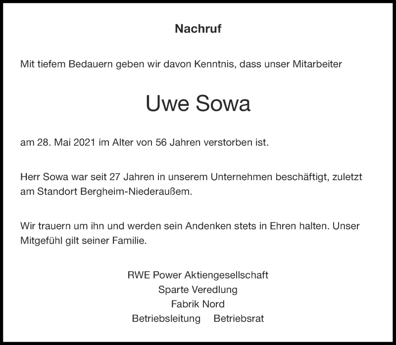  Traueranzeige für Uwe Sowa vom 25.06.2021 aus Aachener Zeitung / Aachener Nachrichten