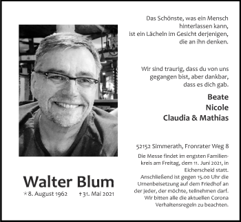 Traueranzeige von Walter Blum von Zeitung am Sonntag