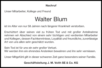 Traueranzeige von Walter Blum von Zeitung am Sonntag