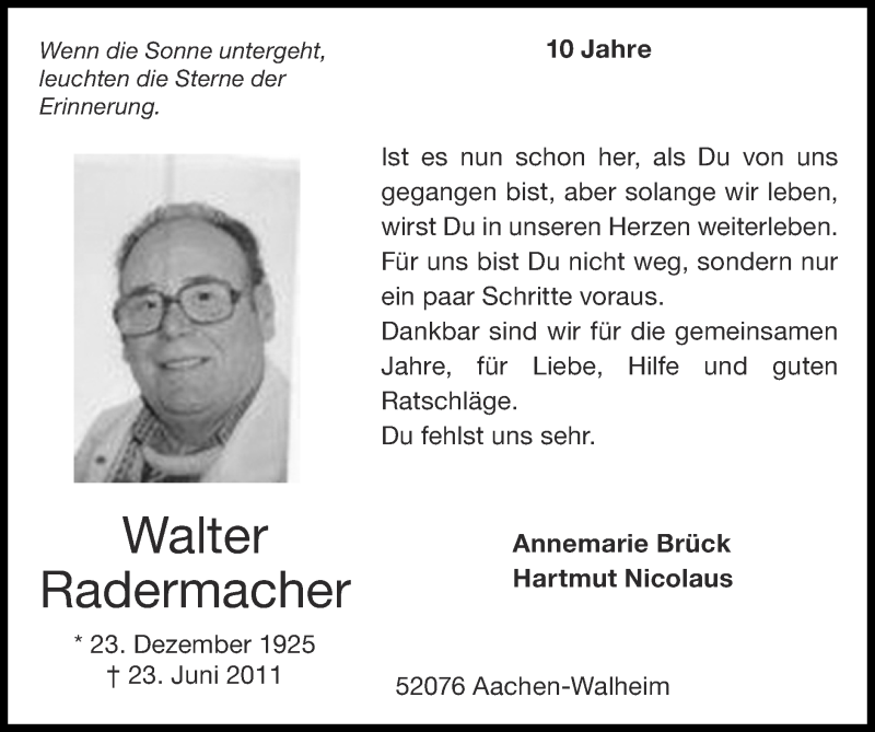  Traueranzeige für Walter Radermacher vom 20.06.2021 aus Zeitung am Sonntag