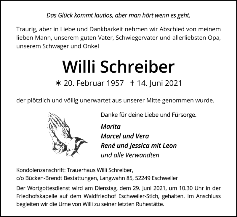  Traueranzeige für Willi Schreiber vom 20.06.2021 aus Zeitung am Sonntag