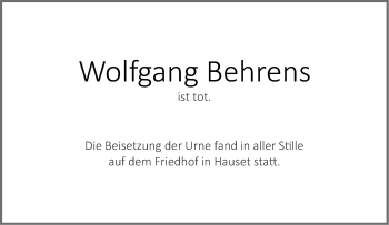 Traueranzeige von Wolfgang Behrens von Aachener Zeitung / Aachener Nachrichten