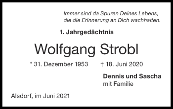 Traueranzeige von Wolfgang Strobl von Zeitung am Sonntag