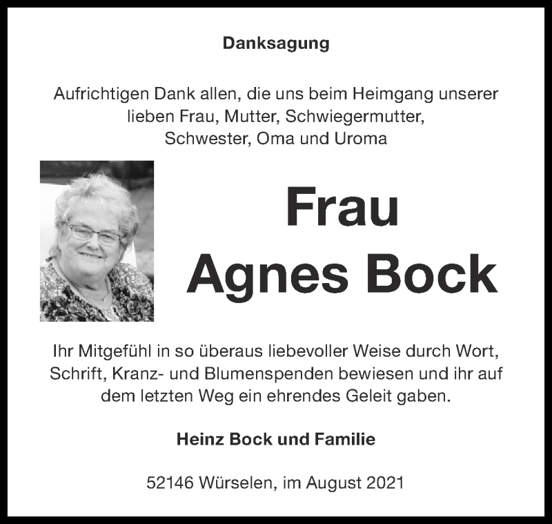  Traueranzeige für Agnes Bock vom 01.08.2021 aus Zeitung am Sonntag