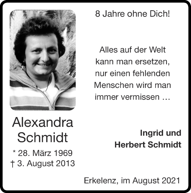  Traueranzeige für Alexandra Schmidt vom 01.08.2021 aus Zeitung am Sonntag