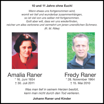 Traueranzeige von Amalia und Fredy Raner von Zeitung am Sonntag