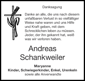 Traueranzeige von Andreas Schankweiler von Zeitung am Sonntag