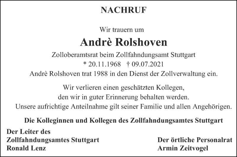  Traueranzeige für André Rolshoven vom 20.07.2021 aus Aachener Zeitung / Aachener Nachrichten
