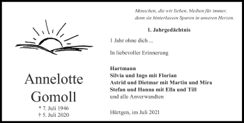 Traueranzeige von Annelotte Gomoll von Aachener Zeitung / Aachener Nachrichten