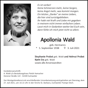 Traueranzeige von Apollonia Wald von Zeitung am Sonntag