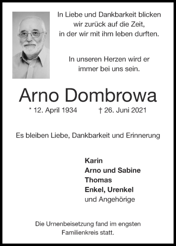 Traueranzeige von Arno Dombrowa von Zeitung am Sonntag