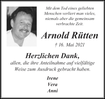 Traueranzeige von Arnold Rütten von Zeitung am Sonntag