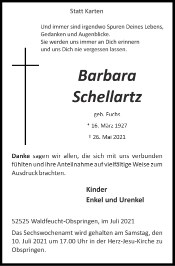 Traueranzeige von Barbara Schellartz von Zeitung am Sonntag