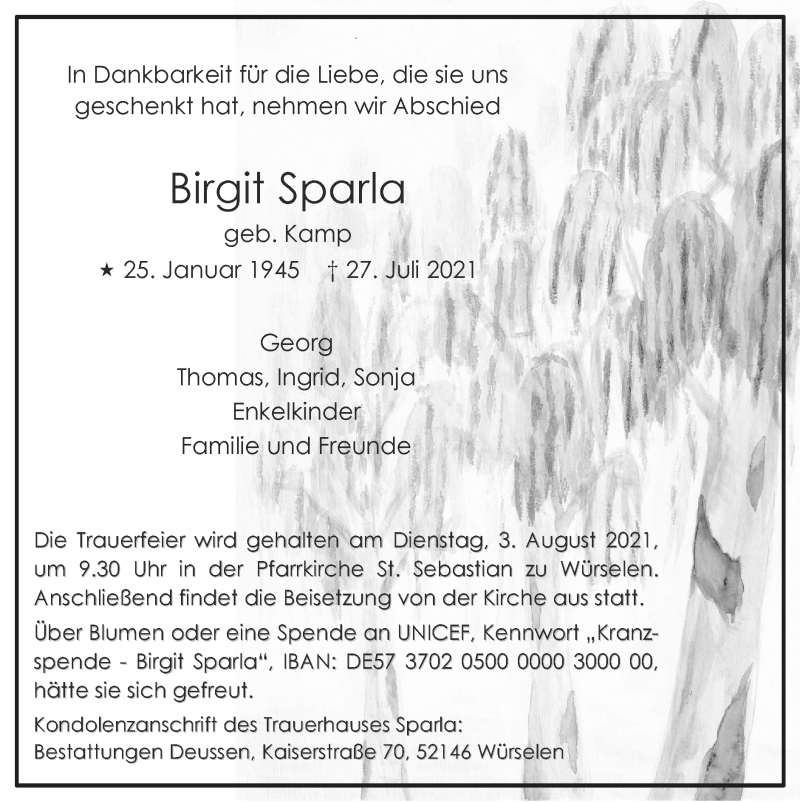  Traueranzeige für Birgit Sparla vom 01.08.2021 aus Zeitung am Sonntag