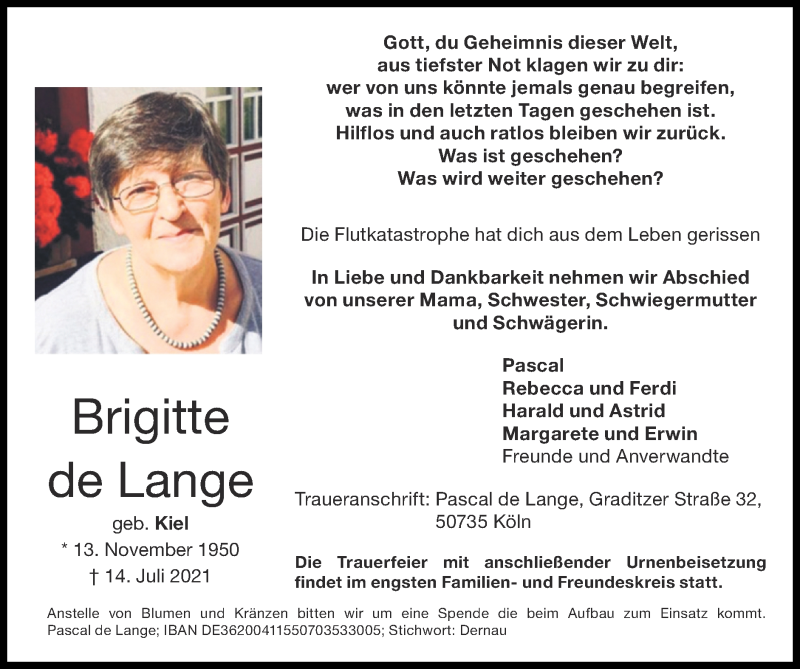  Traueranzeige für Brigitte de Lange vom 01.08.2021 aus Zeitung am Sonntag