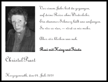 Traueranzeige von Christel Prast von Zeitung am Sonntag