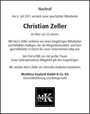 Traueranzeige von Christian Zeller von Zeitung am Sonntag