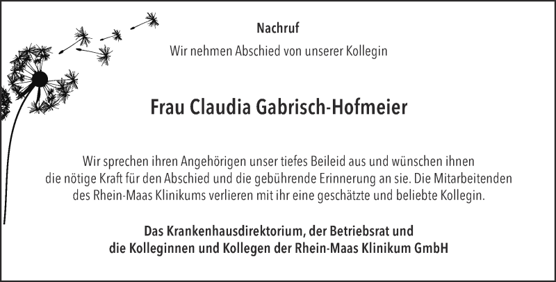  Traueranzeige für Claudia Gabrisch-Hofmeier vom 24.07.2021 aus Aachener Zeitung / Aachener Nachrichten