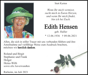 Traueranzeige von Edith Hensen von Zeitung am Sonntag