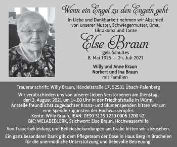 Traueranzeige von Else Braun von Zeitung am Sonntag