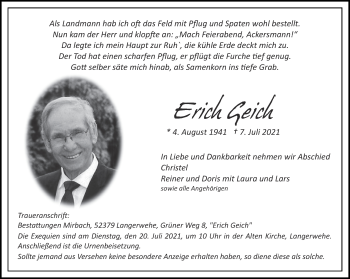 Traueranzeige von Erich Geich von Aachener Zeitung / Aachener Nachrichten
