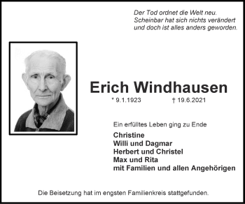 Traueranzeige von Erich Windhausen von Zeitung am Sonntag