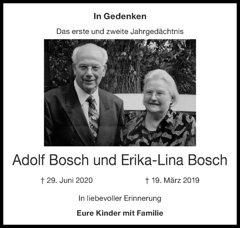  Traueranzeige für Erika-Lina Bosch vom 04.07.2021 aus Zeitung am Sonntag