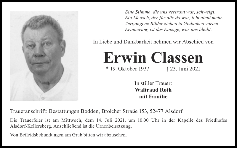  Traueranzeige für Erwin Classen vom 11.07.2021 aus Zeitung am Sonntag
