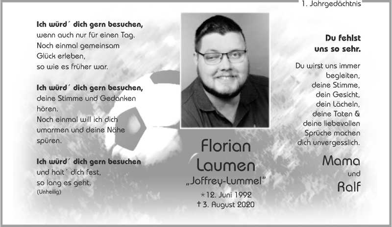  Traueranzeige für Florian Laumen vom 31.07.2021 aus Aachener Zeitung / Aachener Nachrichten