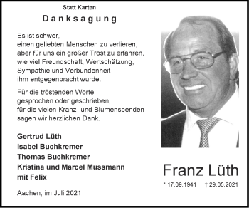 Traueranzeige von Franz Lüth von Zeitung am Sonntag