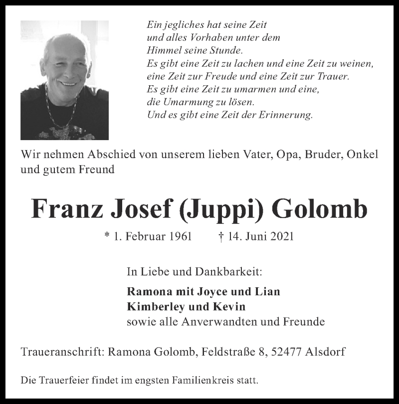  Traueranzeige für Franz Josef Golomb vom 04.07.2021 aus Zeitung am Sonntag