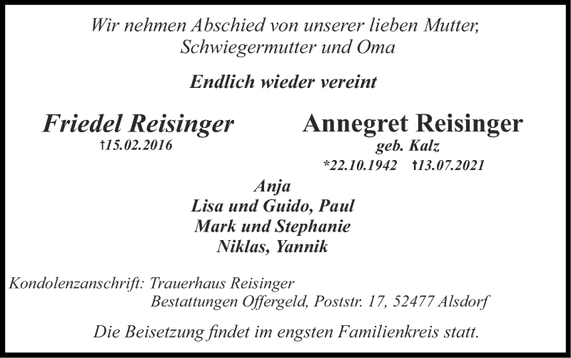  Traueranzeige für Friedel Reisinger vom 25.07.2021 aus Zeitung am Sonntag