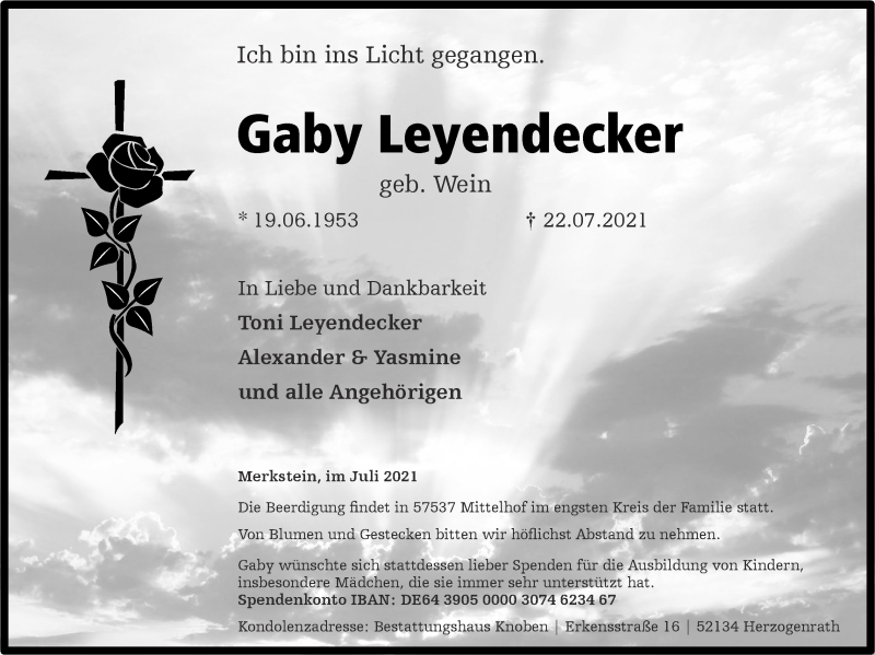  Traueranzeige für Gaby Leyendecker vom 01.08.2021 aus Zeitung am Sonntag