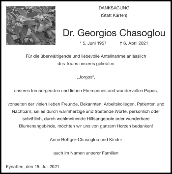Traueranzeige von Georgios Chasoglou von Aachener Zeitung / Aachener Nachrichten