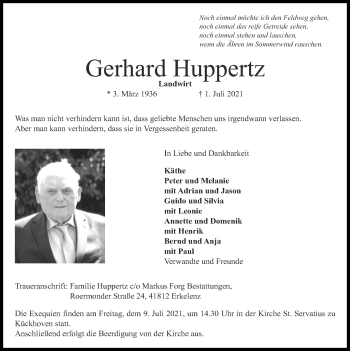 Traueranzeige von Gerhard Huppertz von Zeitung am Sonntag
