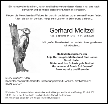 Traueranzeige von Gerhard Meitzel von Zeitung am Sonntag