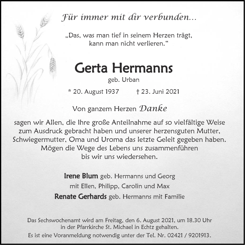  Traueranzeige für Gerta Hermanns vom 01.08.2021 aus Zeitung am Sonntag