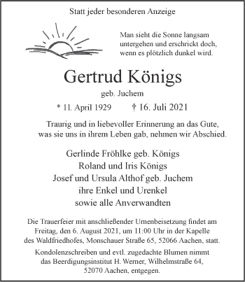 Traueranzeige von Gertrud Königs von Aachener Zeitung / Aachener Nachrichten