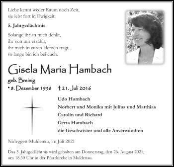 Traueranzeige von Gisela Maria Hambach von Zeitung am Sonntag