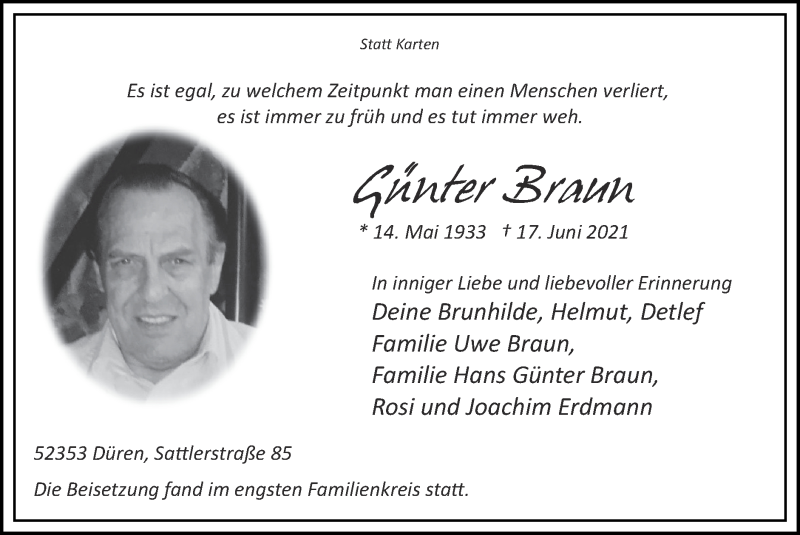  Traueranzeige für Günter Braun vom 04.07.2021 aus Zeitung am Sonntag
