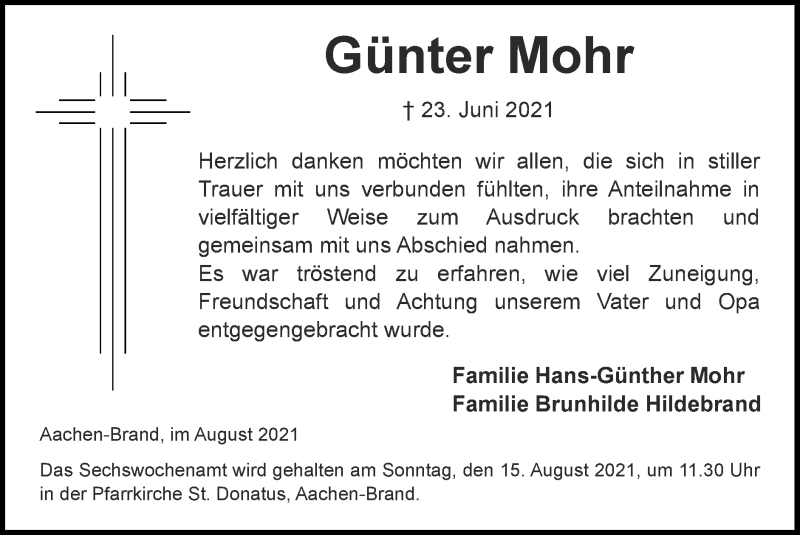  Traueranzeige für Günter Mohr vom 01.08.2021 aus Zeitung am Sonntag