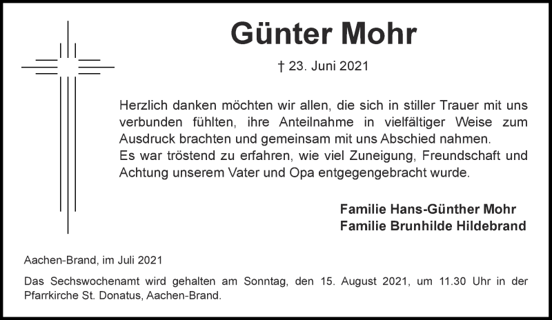  Traueranzeige für Günter Mohr vom 31.07.2021 aus Aachener Zeitung / Aachener Nachrichten