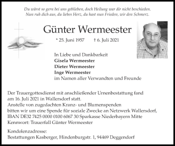 Traueranzeige von Günter Wermeester von Zeitung am Sonntag