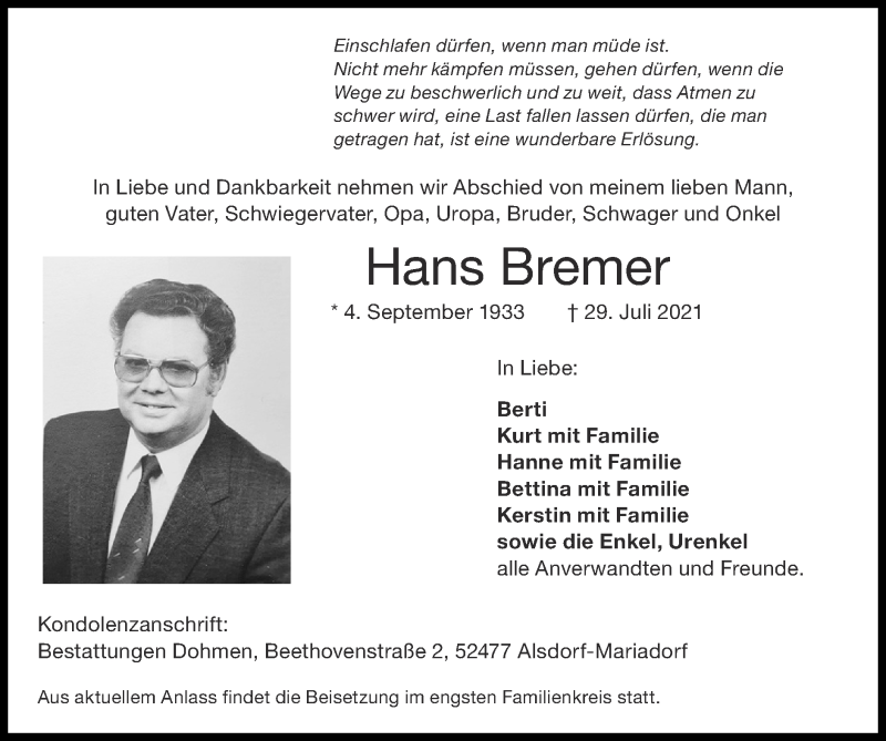  Traueranzeige für Hans Bremer vom 01.08.2021 aus Zeitung am Sonntag