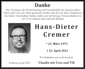 Traueranzeige von Hans-Dieter Cremer von Zeitung am Sonntag