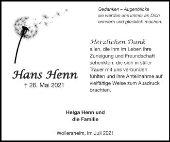 Traueranzeige von Hans Henn von Zeitung am Sonntag