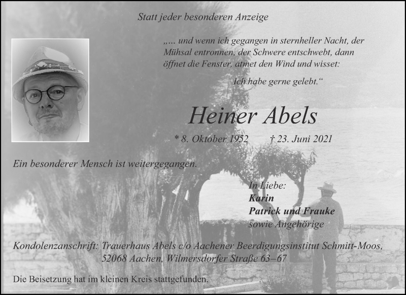  Traueranzeige für Heiner Abels vom 03.07.2021 aus Aachener Zeitung / Aachener Nachrichten