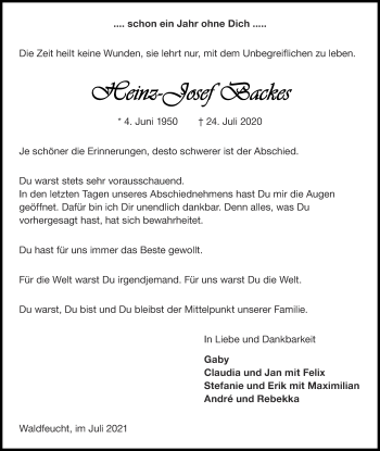 Traueranzeige von Heinz-Josef Backes von Zeitung am Sonntag